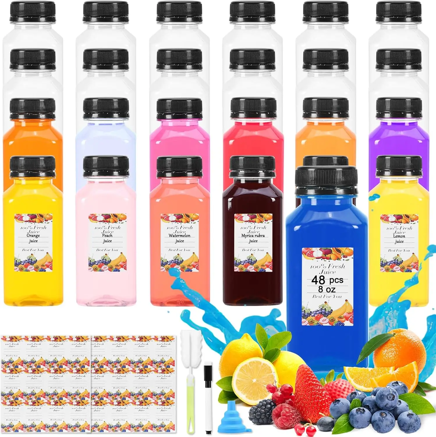 

48 шт. пластиковых бутылок для сока объемом 8 унций - прозрачные контейнеры для домашних соков с черными крышками с защитой от вскрытия