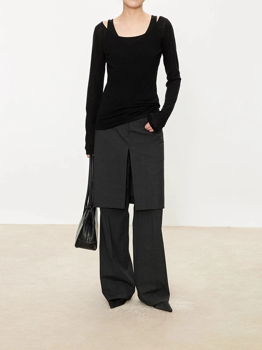 RORORIRI Black Low Waisted Suit Pants for Women Fake Two-piece Skirt Pants Straight Leg Casual Pants Pantalones Mujer Fashion