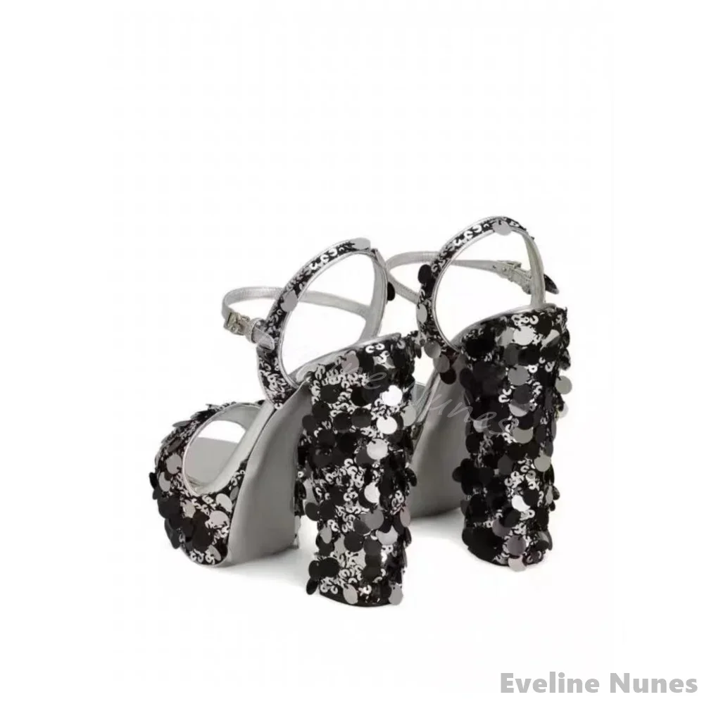 Fashion Shiny Sequined Catwalk Sandals Women Round Toe Platform Chunky Heel Ankle Strap One Word Belt Sandals New Party Sandals