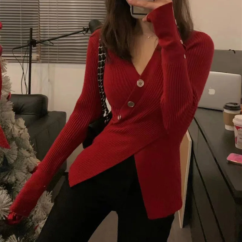 Suéter Irregular de punto elegante cruzado con cuello en V para mujer, blusa Sexy a la moda, suéter, ropa de invierno, suéter para mujer