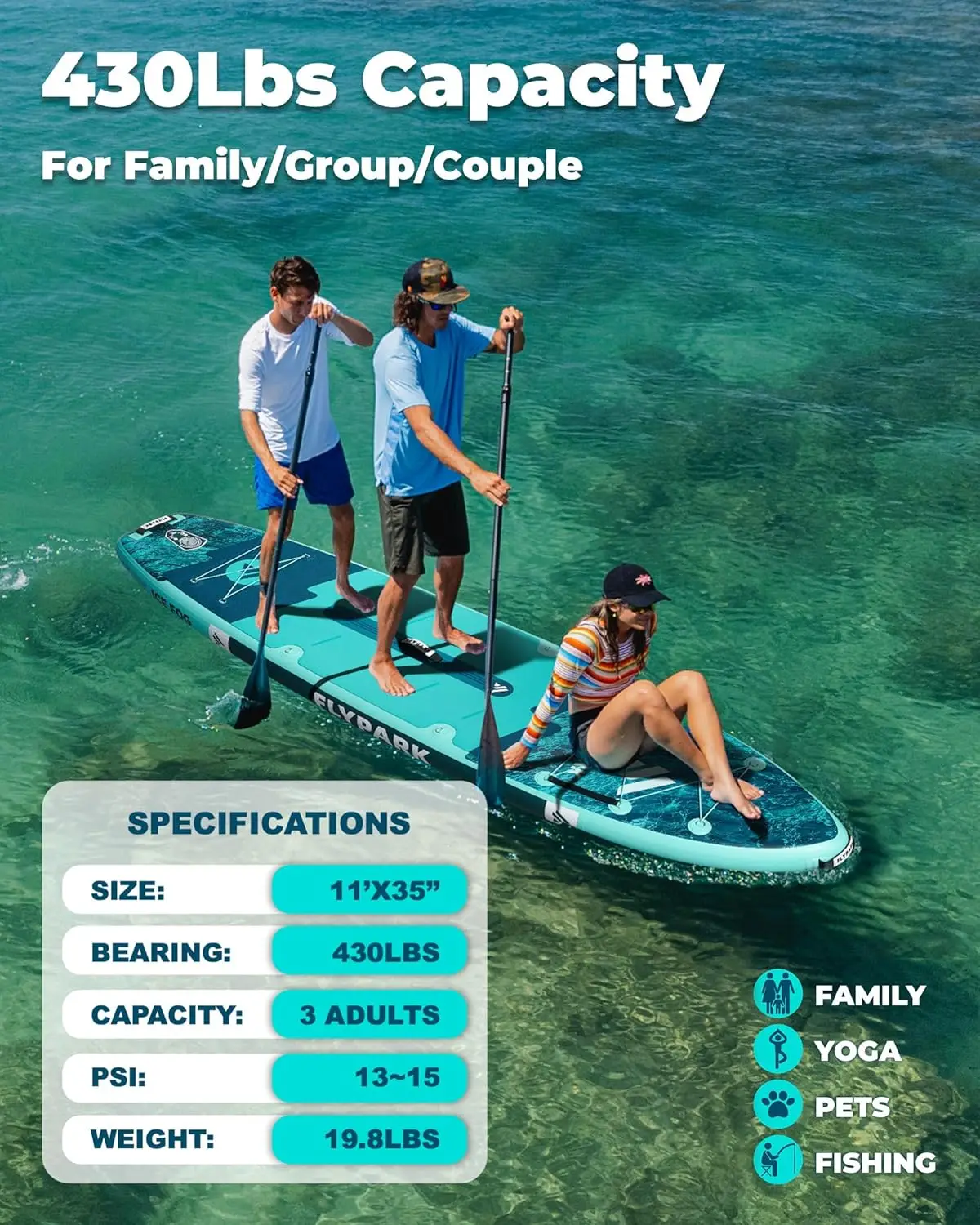 Inflatable Stand Up Paddle Board, Extra-Wide SUP Paddleboard for Adults, 10'8/11' x 35'' Fishing & Family Stable Board, 430lb Capacity/3 Persons, Includes Camera Mount, Shoulder Strap, Rod Holder