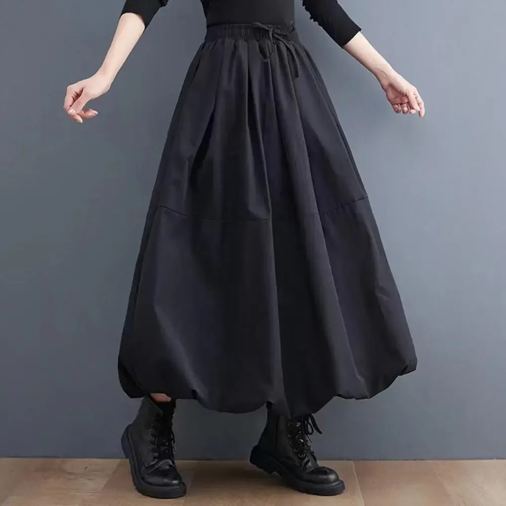女性マキシスカート Balck 和風ポケットパフスカートレディースカジュアル弾性ウエストレースアップハイウエストプリーツ A ラインスカート
