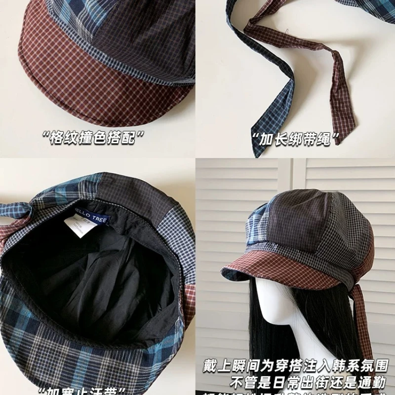 Niche Retro Karierte Spleiß-Achteck-Baskenmützen für Damen, Sommer- und Herbst-Kappen mit weicher Krempe, künstlerischem Riemen und Maler-Newsboy-Stil – Detail 5