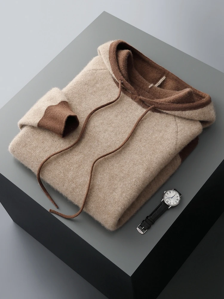 2025 Autumn Winter Men's Basics Hooded Pullover Sweater 100% Cashmere Knitwear Sports Sweatshirt Contrasting Colors Clothing Top