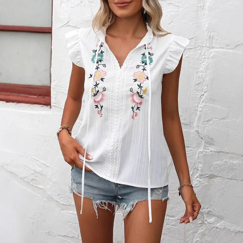 夏半袖女性ブラウスシャツファッションフリル襟刺繍ブラウスシャツ女性トップス Camisas デ Mujer Blusas Q286