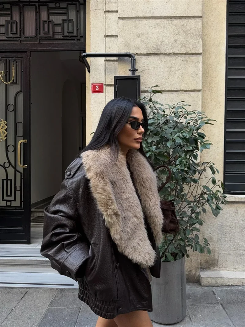 سترة نسائية من الجلد الصناعي مع ياقة قابلة للفصل وياقة كبيرة من الفرو كاجوال من الجلد الدافئ للخريف والشتاء #3