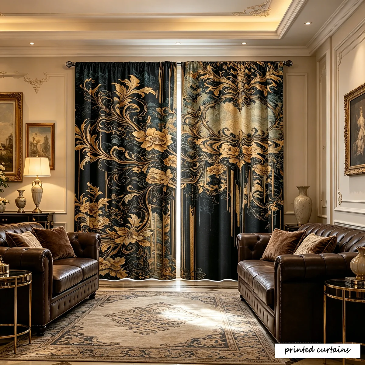 2PCS Black And Gold Vintage Baroque Floral Pattern Curtains Window Treatment Floral Print Decorative Roomy Drape for Privacy And