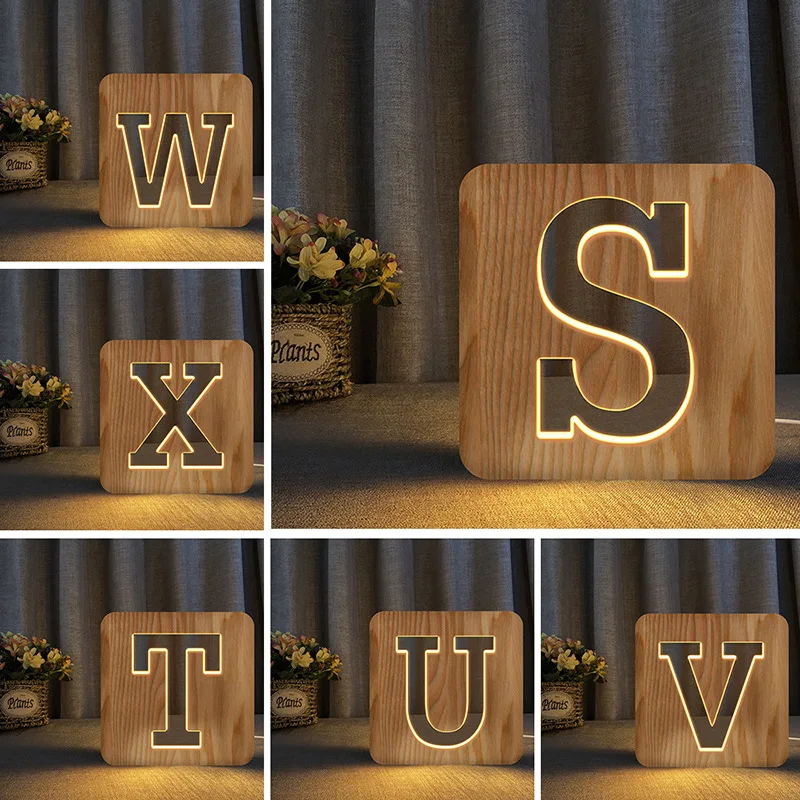 26 Letters A To Z USB Wood Led Night Light Novelty Kid Bedroom Wooded Hollow Carved Bedroom 3D Decoration Table Lamp Child Gift