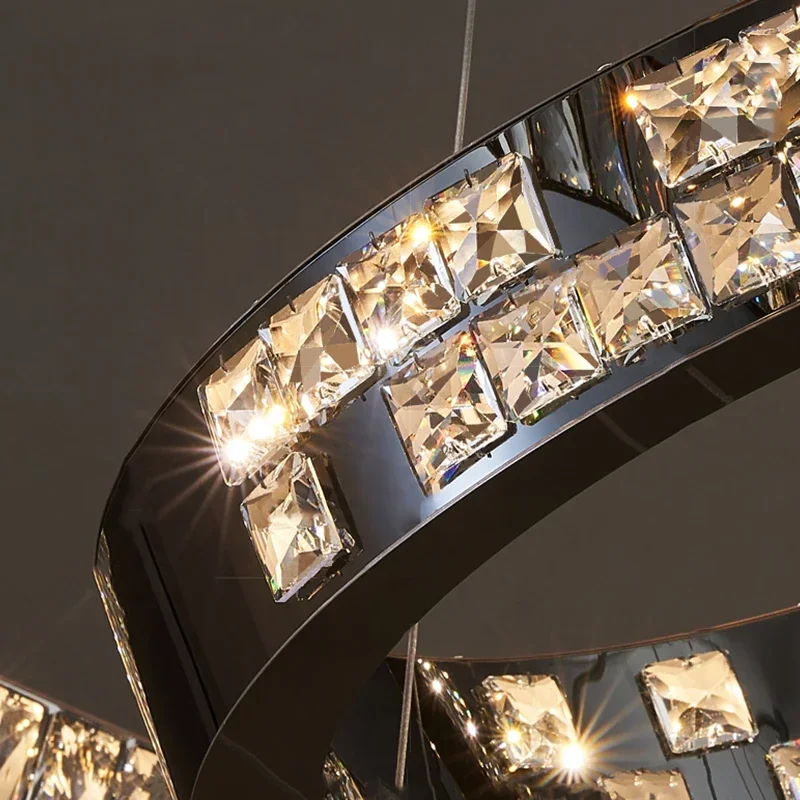 Villa duplex large chandelier, modern and minimalist staircase, hollow ceiling living room, crystal light