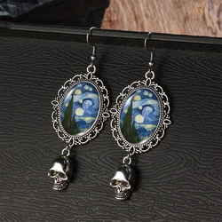 2024 New Arrival Fashion Van Gogh Starry Night Sunflower Oil Paintings  Fish Hook Earrings Handmade Pumpkin Skeleton Dangles