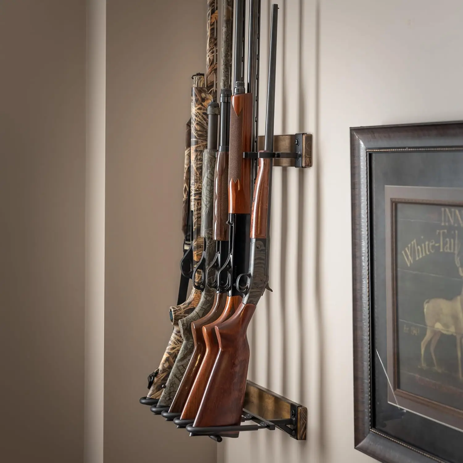5 Firearms | WoodIndoor Gun Rack for Wall, Rifle Rack and Shotgun Wall Mount, Rustic Wood and Solid Steel, Vertical Gun Rack Wal