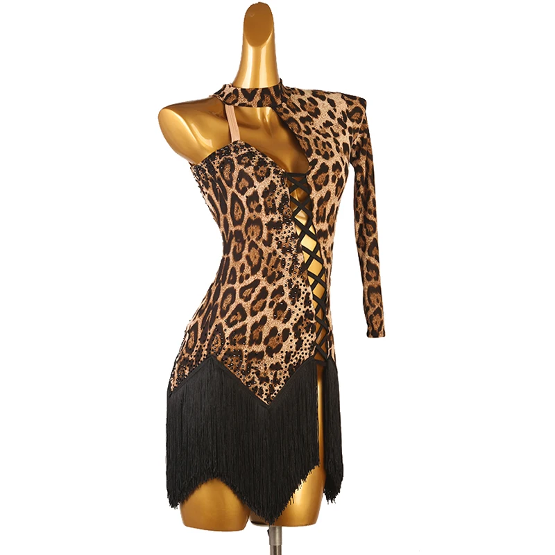 Latin Tassel Dress Leopard Modern Dance Gowns Ballroom Practice Wear Competiton Costume Performance Clothes Stage Outfits