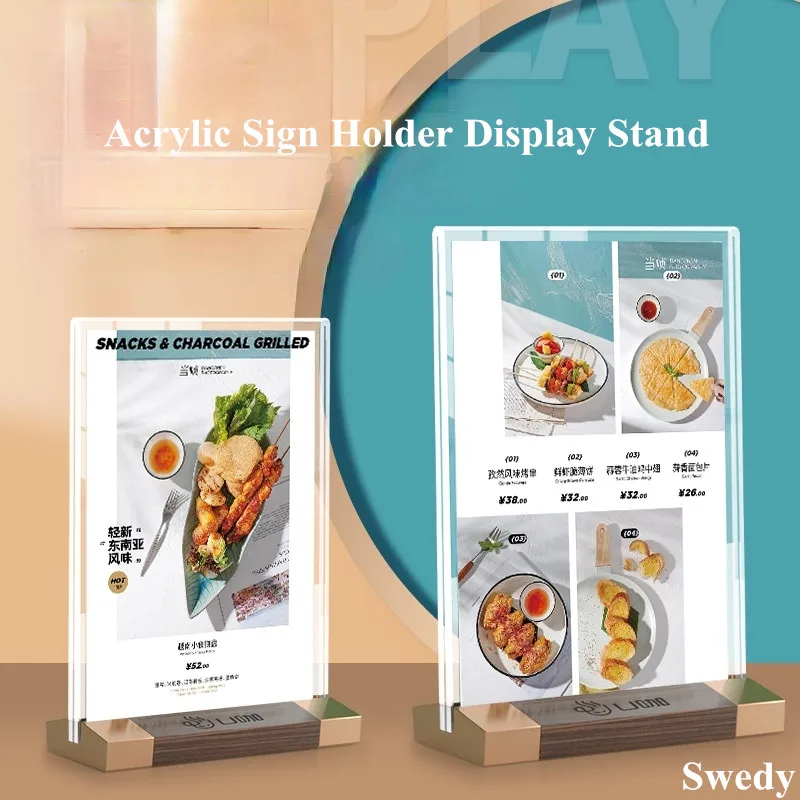 A5 148X210MM Wood Base Acrylic Sign Holders Menu Paper Holder Display Stand Table Acrylic Poster Signs Stand