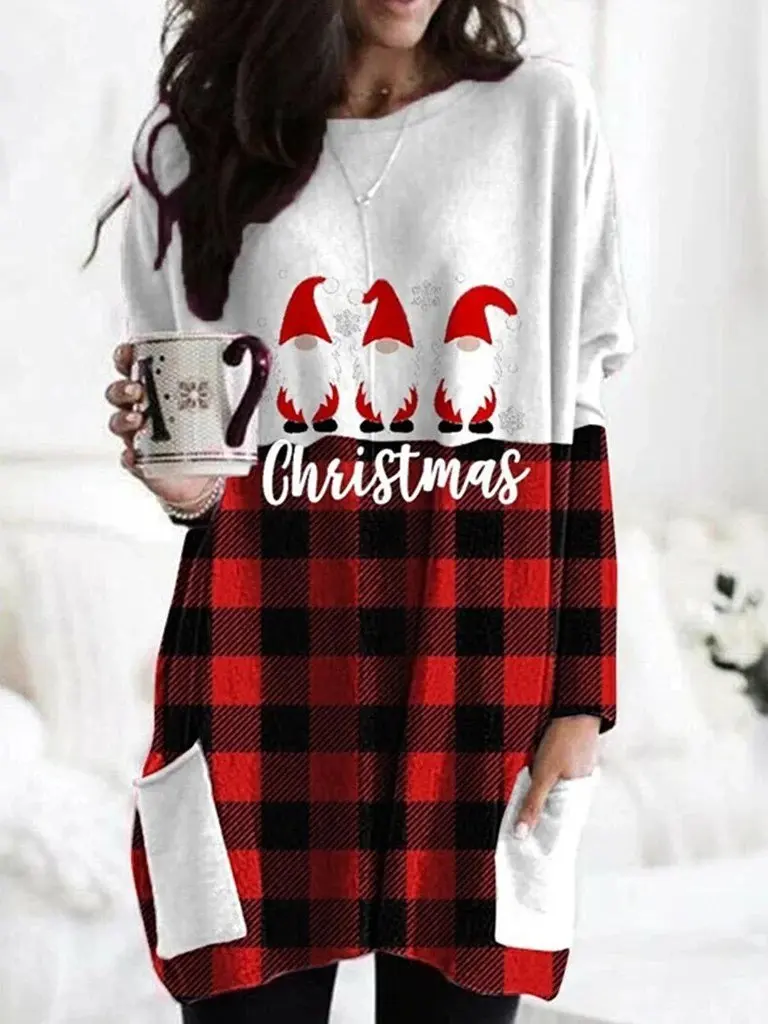 

Women's Printed Round Neck Fashion Loose Pullover Long Sleeve T-shirt Loose Pocket Casual Halloween Dress