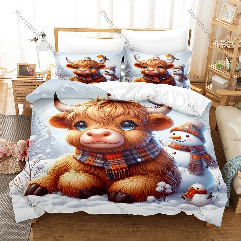 Fashion Highland Cow Design Bedding Duvet Cover Set Soft Microfiber Bed Set With Cartoon 1 Duvet Cover 2 Pillowcases