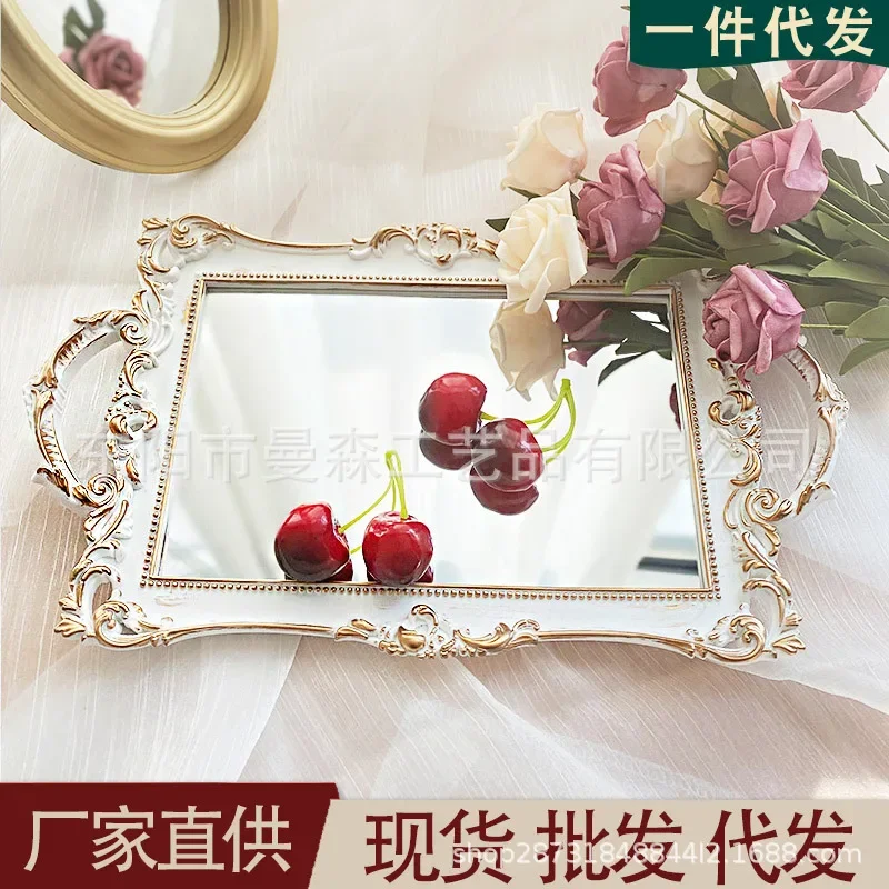 

ins style European style gold retro mirror tray plastic plate jewelry aromatherapy jewelry storage ornament shooting props