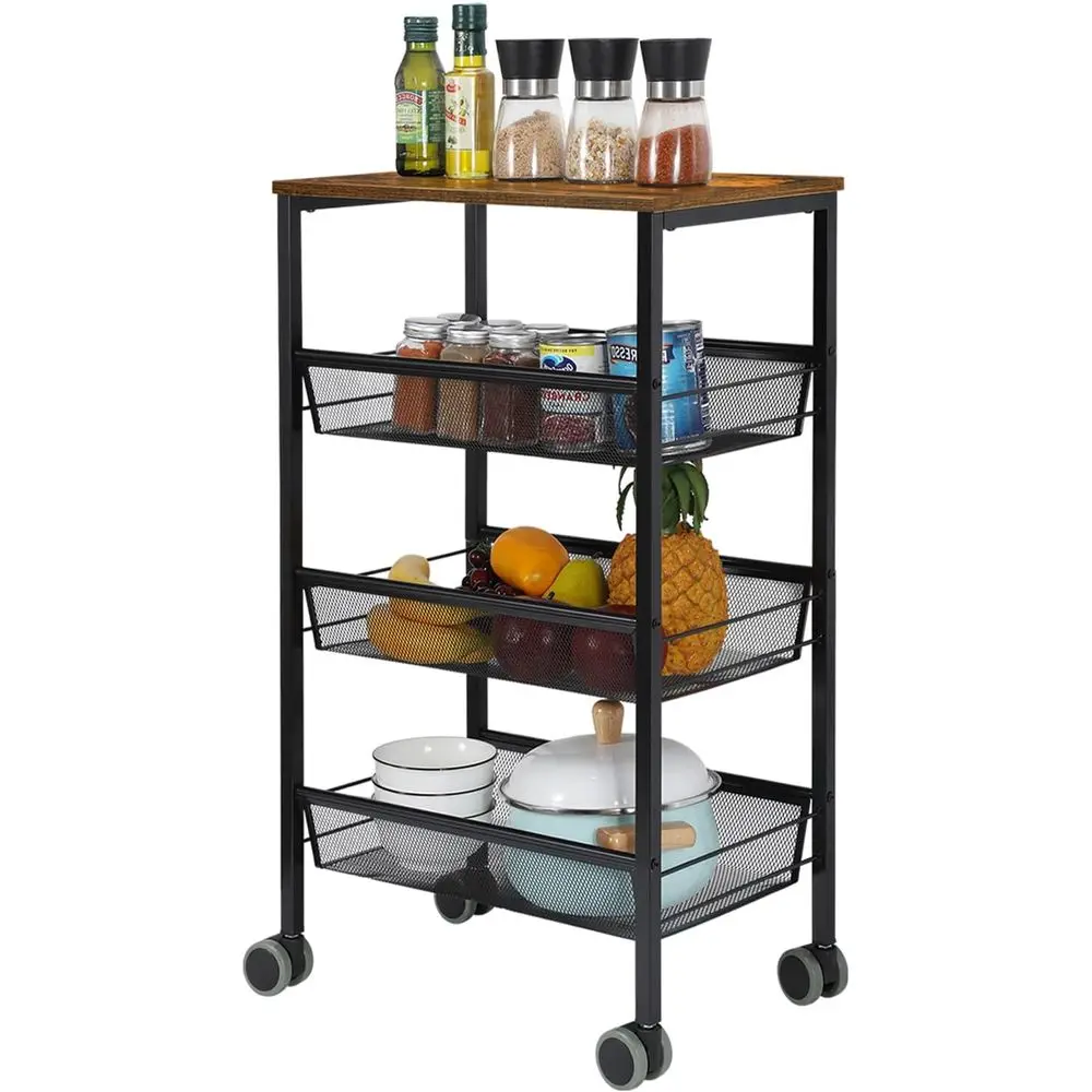 

4-Tier Rolling Kitchen Cart with Wood Top, Lockable Wheels, Storage and Serving Utility Cart, Mesh Basket Organizer, Industrial