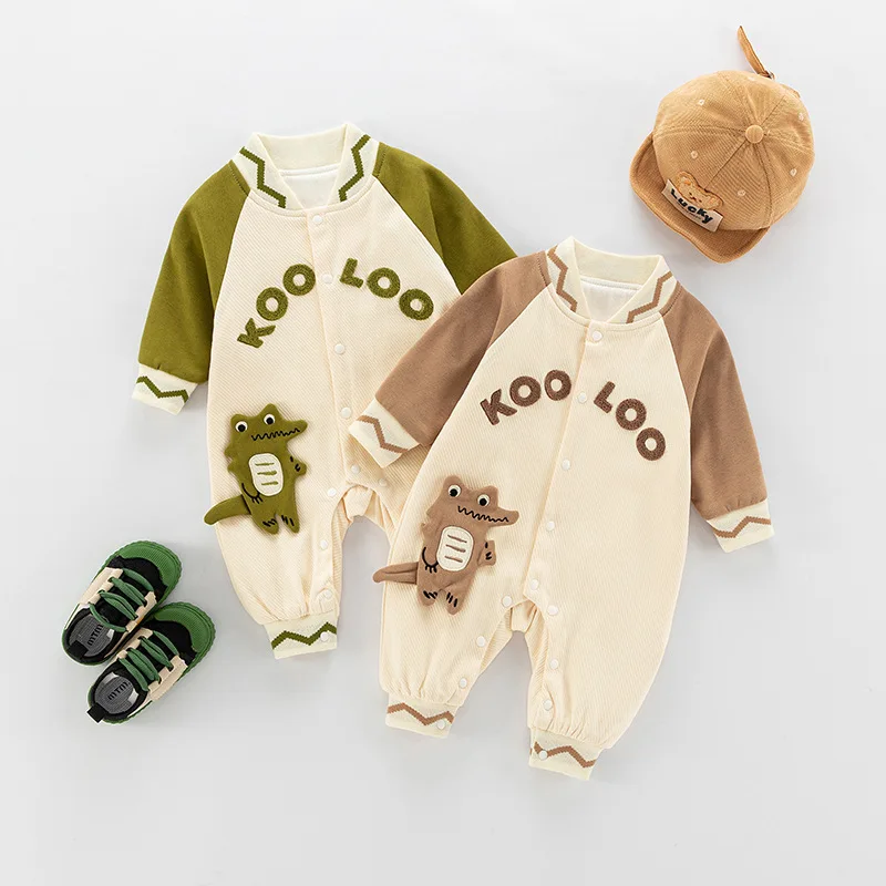 Spring Autumn New Newborn Boys Bodysuit 3D Dinosaur Raglan Sleeve Infant Boys Jumpsuit Stiped Woven Cotton Baby Boys Romper