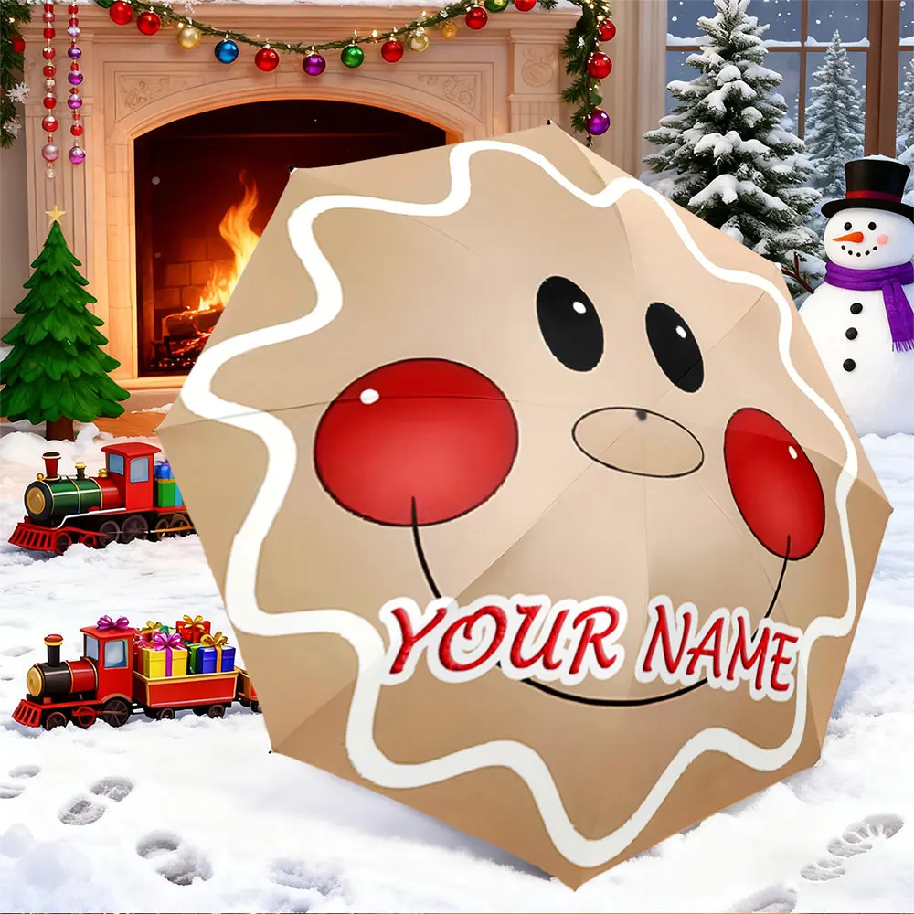 Custom Name Umbrella， Cute Gingerbread Face Design Umbrella - Personalized Print ,Portable Folding Umbrella, Christmas Gift