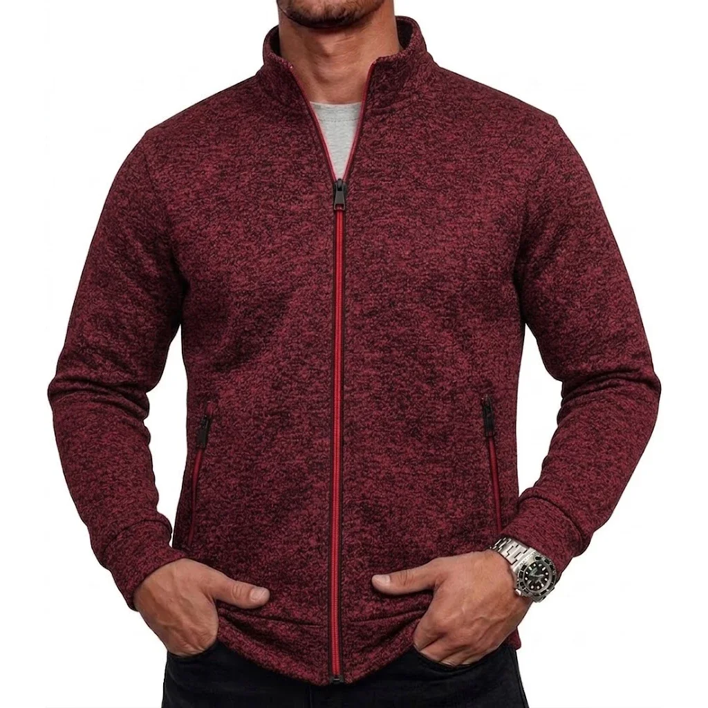 Mens Full Zip Fleece Jacket Long Sleeve Sherpa Stand Neck Outer Garment Outdoor Storage Pockets Athletic Jogging Sports Jumper