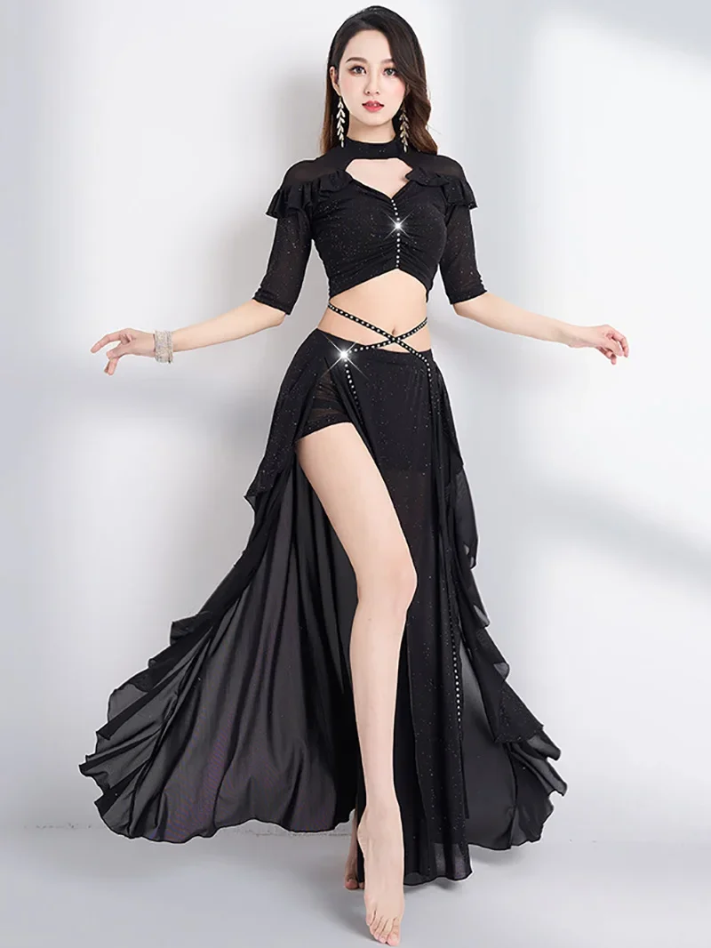 Adult Women Belly Dance Costume Top and Slit Skirts Three Piece Mesh Ruffles Performance Dance Clothes Vintage Practice Set