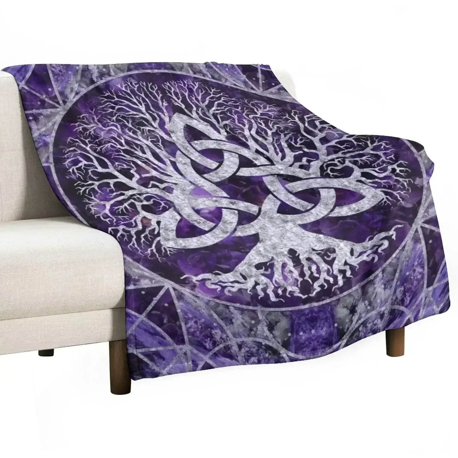 Tree of life with Triquetra Amethyst and silver Throw Blanket sofa bed Polar Furrys Luxury Designer Hairy warm winter Blankets
