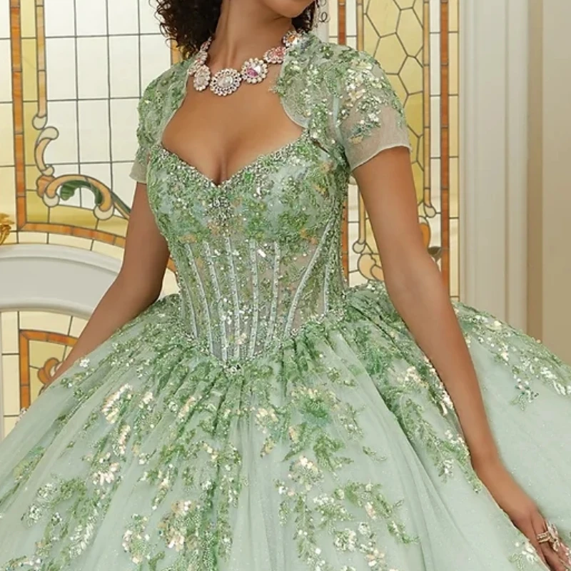 AA187 Customized Lime Green Vestido De xv Anos V Neck Lace Up Ball Gown Women Prom Occasion Wear Birthday Party Quinceanera 14