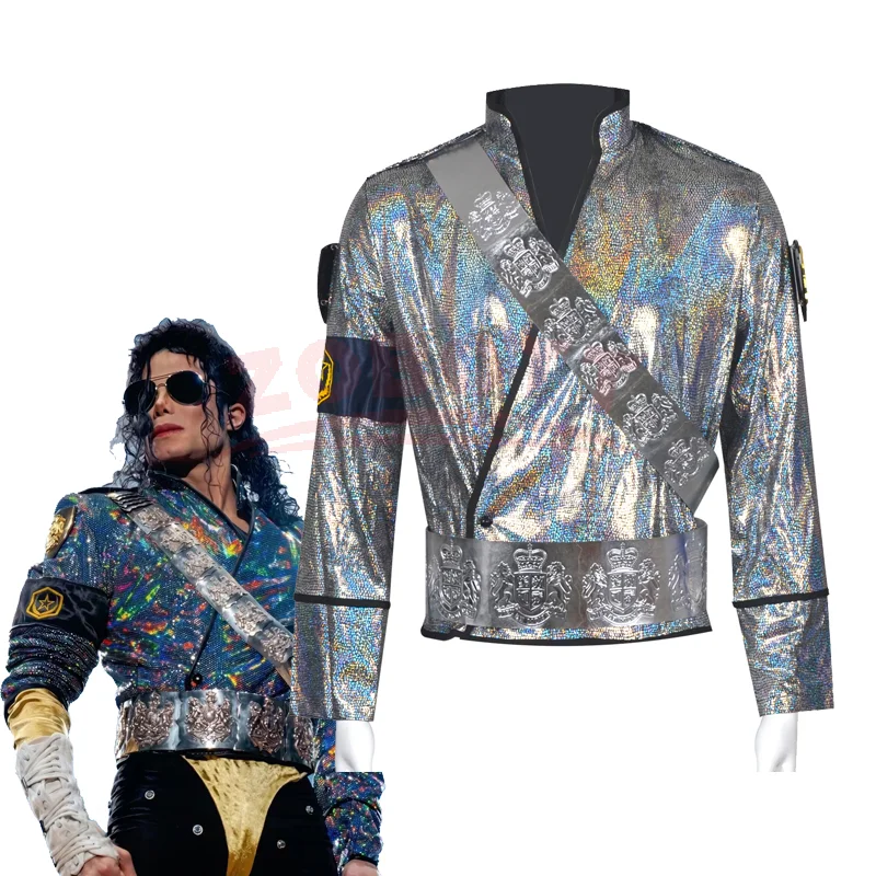 Dance King Michael Jackson Jam Costumes BAD Laser Spandex Jacket with Golden Metal Belt