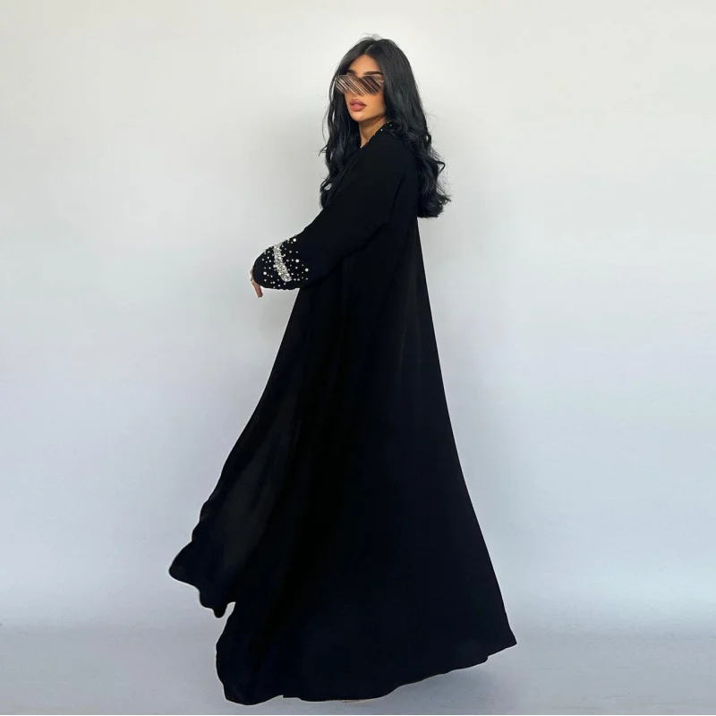 Muslim Black Abaya Dubai Luxury Open Cardigan Women\'s Prayer Garment Caftan Femme For Evening Robe Clothes Large Size With Belt