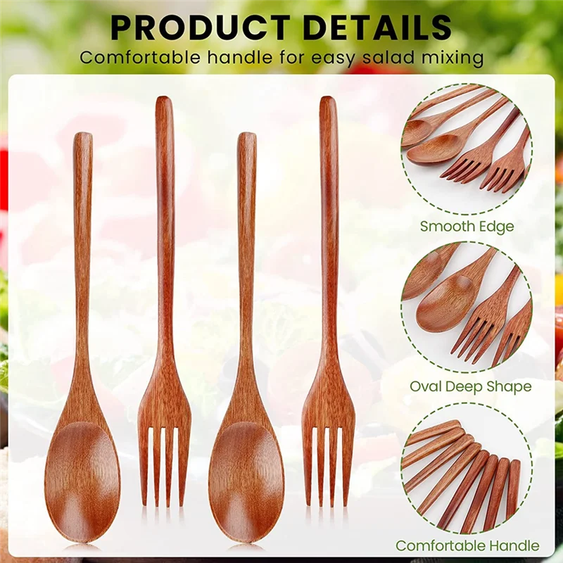 ABRW-8Pcs Wooden Spoons Forks Set, Japanese Style Wooden Utensil Set, Handmade Kitchen Spoon, Reusable Travel Flatware Set