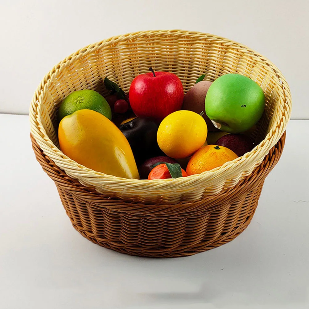 

1Pcs Plastic Woven Basket Light Brown Imitated Rattan Storage Organizer for Bread Fruit Desktop Display Holder Woven Basket