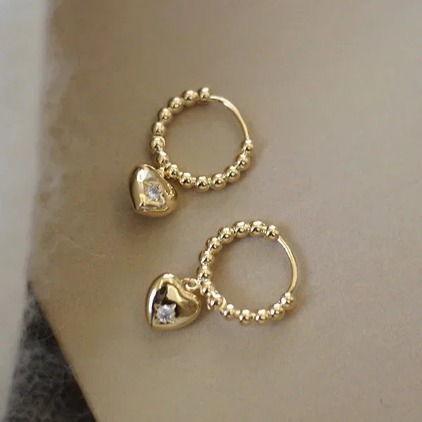 

Real 925 Sterling Silver 14K Gold Zircon Bead Heart Pendant Hoop Earrings for Women Minimalist Cute Fine Jewelry Accessories