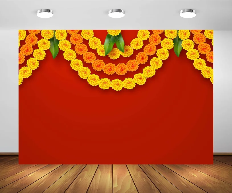 Ndian Backdrop Green Banana Leaf Marigold Garlands India Pooja Traditional Red Background Backdrop Indian Party Decorations