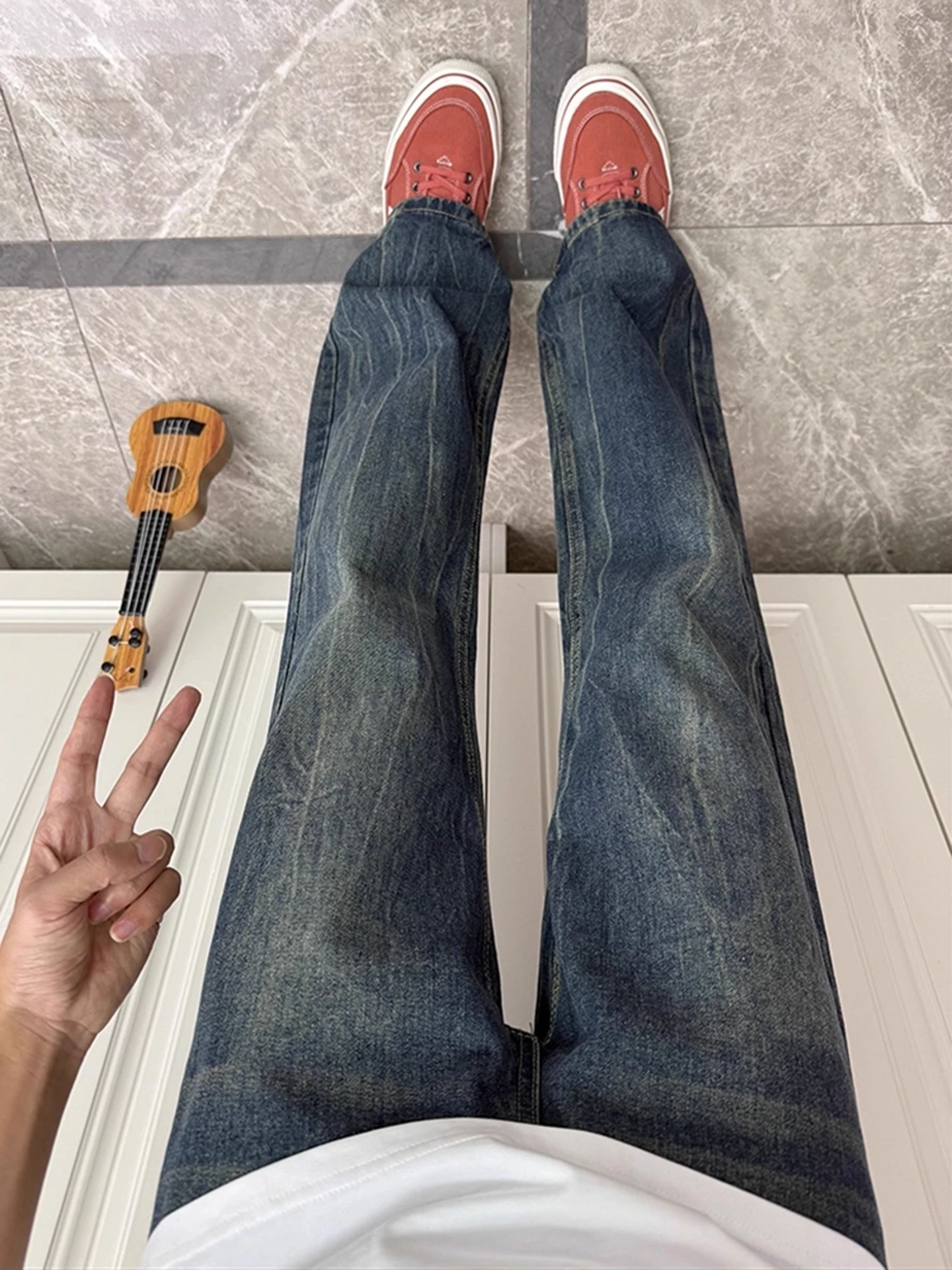 

Мужские джинсы Deep Blue Thunder Pattern Straight Leg с флисовой подкладкой, облегающие, в американском стиле, расклешенные брюки, молодежная мода