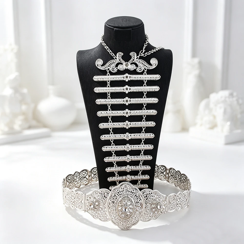 Sunspicems Vintage Ingush Caucasus Women Belt Breastplate Bridal Jewelry Sets Turkish Dress Belt Waist Chain Adjustable Length