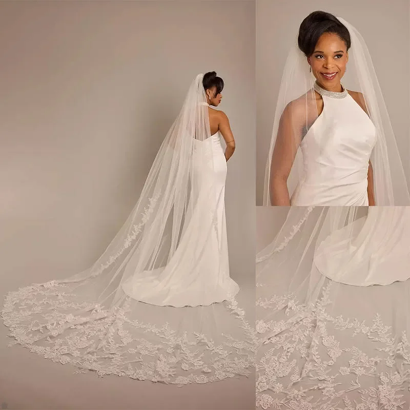 

Wedding Veils Appliques Flowers Lace One Layer Chapel Length Bride Veil Applique Edge Custom Made Bridal Accessories