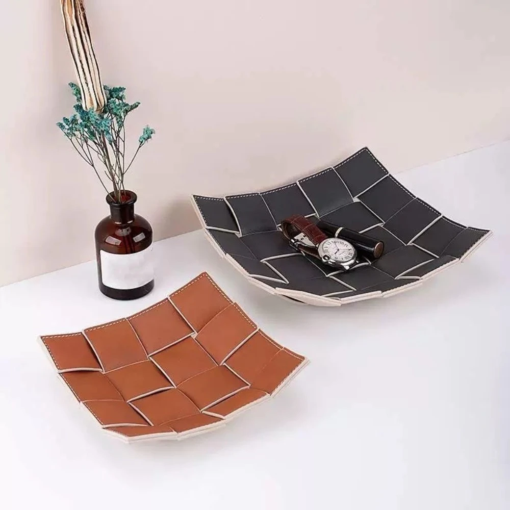 Waterproof Leather Woven Storage Tray Square Multi-functional Trinket Storage Dish Advanced Convenient