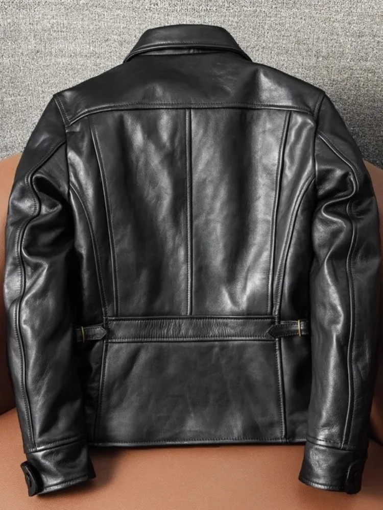 Punk Style Mens Genuine Leather Jacket Single Breasted Lapel Slim Classic Spring Autumn Real Cowskin Motorcycle Short Coat Male