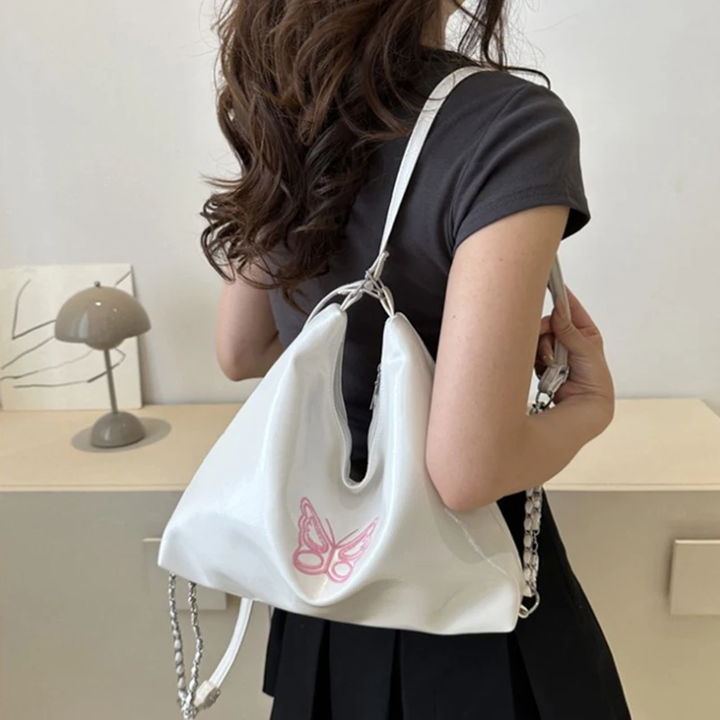 Butterfly Embroidery Women's Underarm Bags PU Leather Ladies Tote Handbags Backpack Simple Large Capacity Female Shoulder Bag