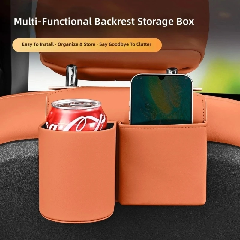 Car Seats Back Storage Bin with 2 Open-Top Compartments Leather Storage Bag for Tissues Drink Cups and Cables