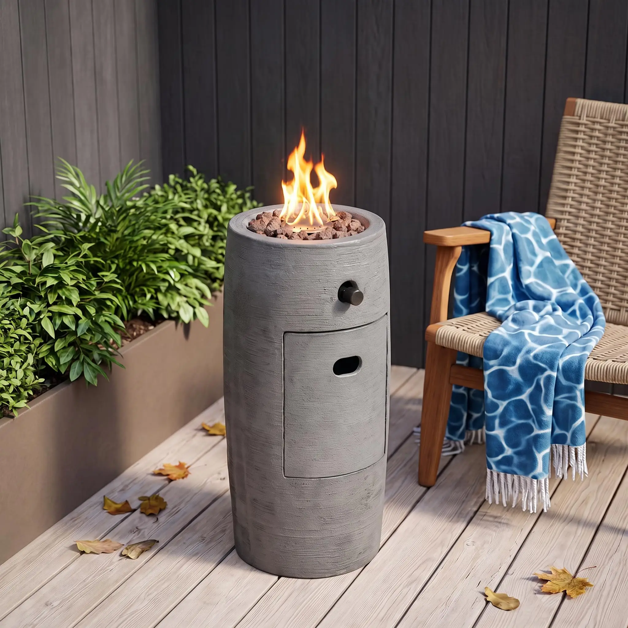 Outdoor Propane Fire Pit, 11 inch Small Round Firt Fire Column w Lava Rocks, Rain Cover for Outside Garden, CSA