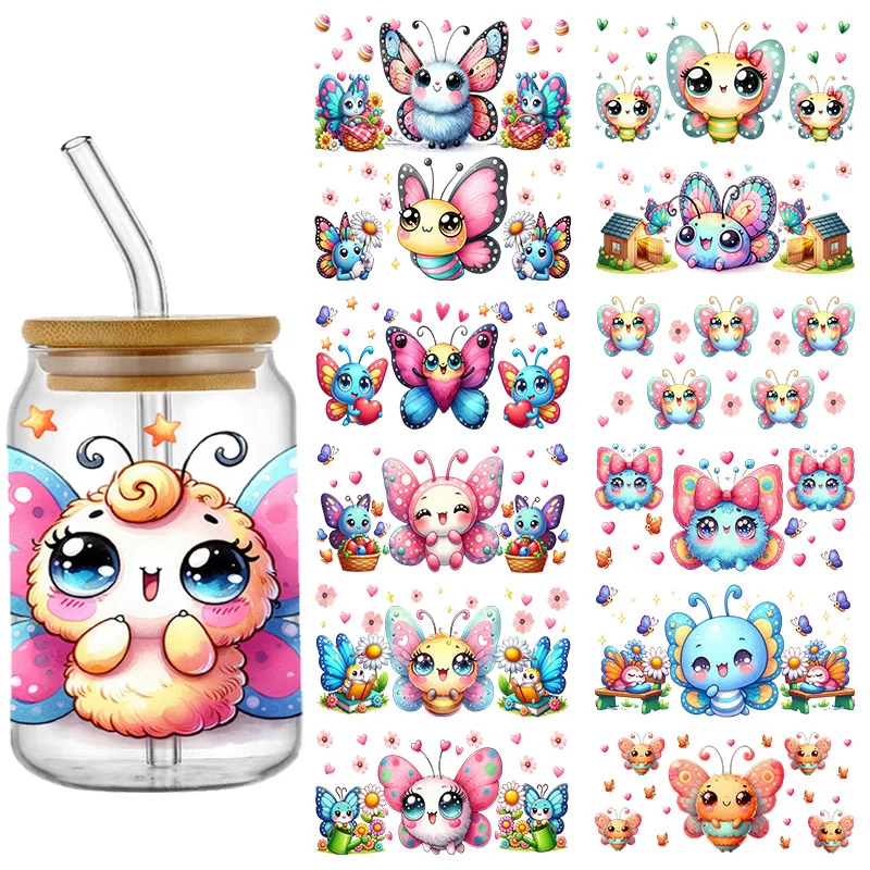 Cartoon Cute Butterfly 16OZ UV DTF Cup Wraps Transfer Sticker For Glass Libbey Can Bottle Selfadhesive Washable DIY Custom