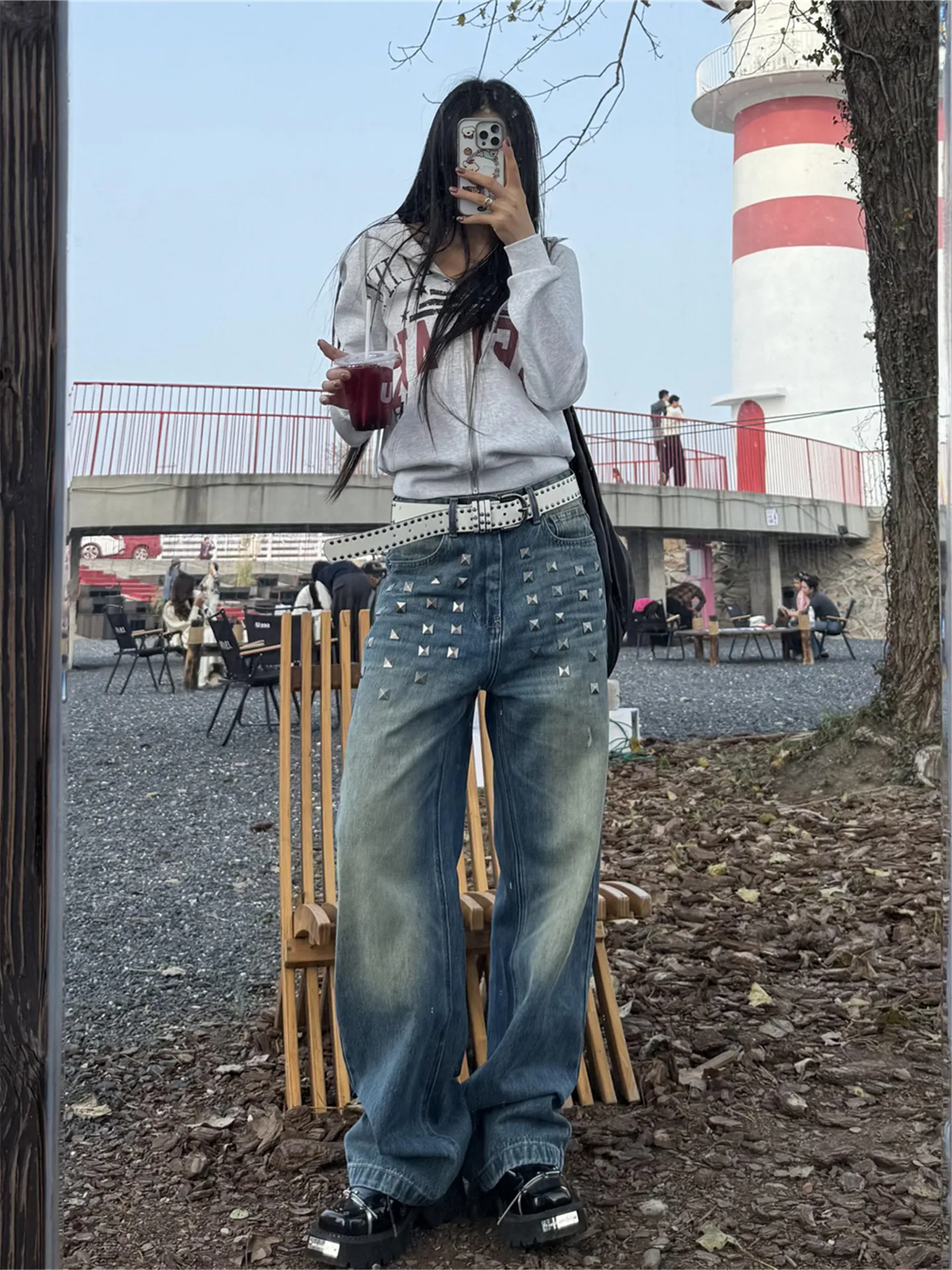 

Женские джинсы с низкой талией и широкими штанинами, свободного кроя, весенние, из хлопкового денима, синие, с заклепками, в уличном стиле, ретро, в американском стиле