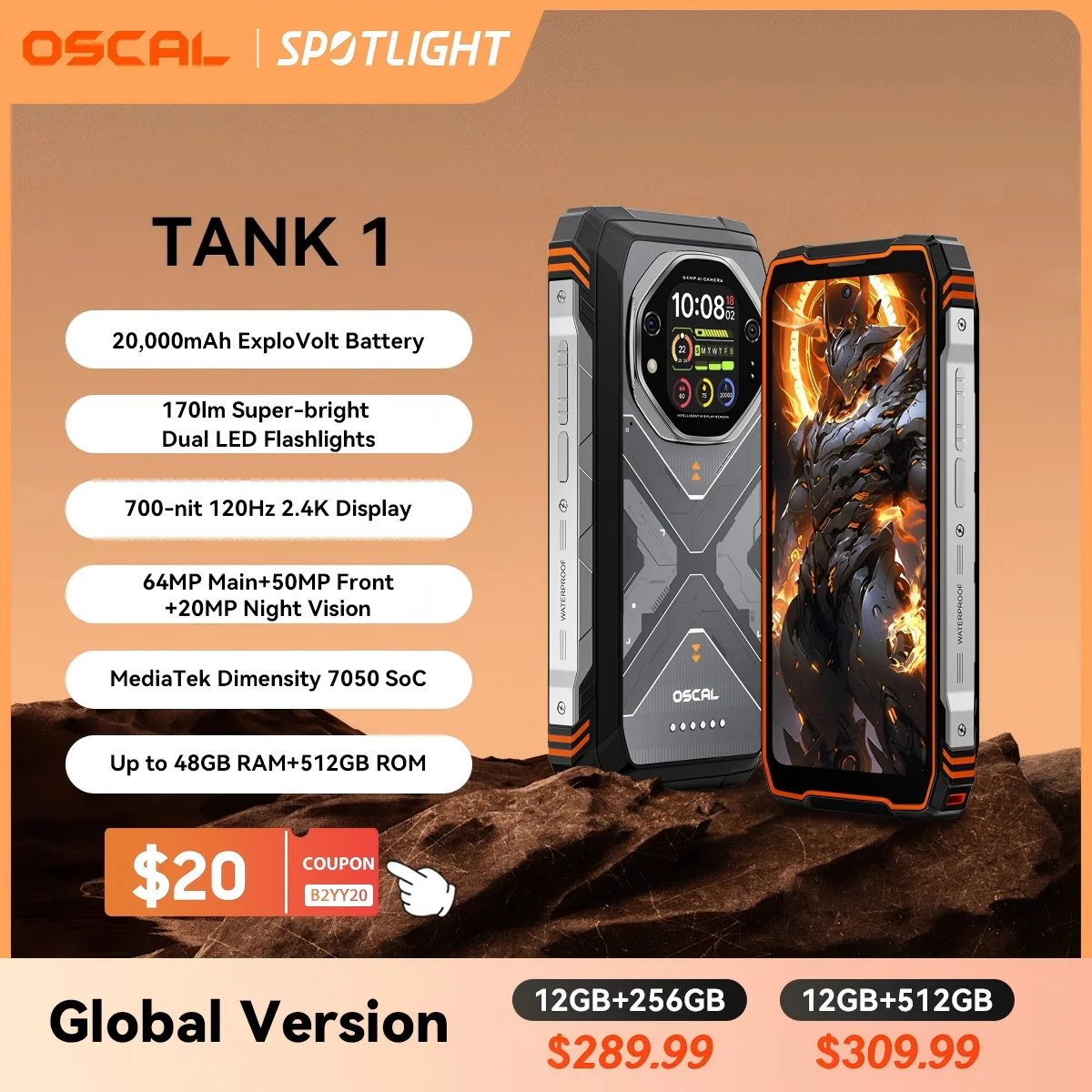 Blackview OSCAL TANK 1 5G Rugged Smartphone,20000mAh Battery, 6.78"120Hz FHD+ Display,16GB+512GB, 64MP+50MP Camera,Outdoor phone