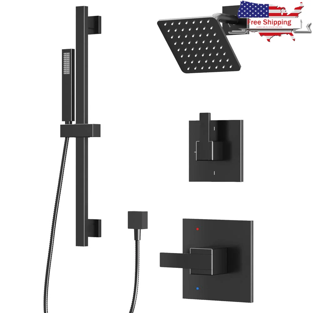 Black Shower Faucet Set with Slide Bar All Metal System Valve 6