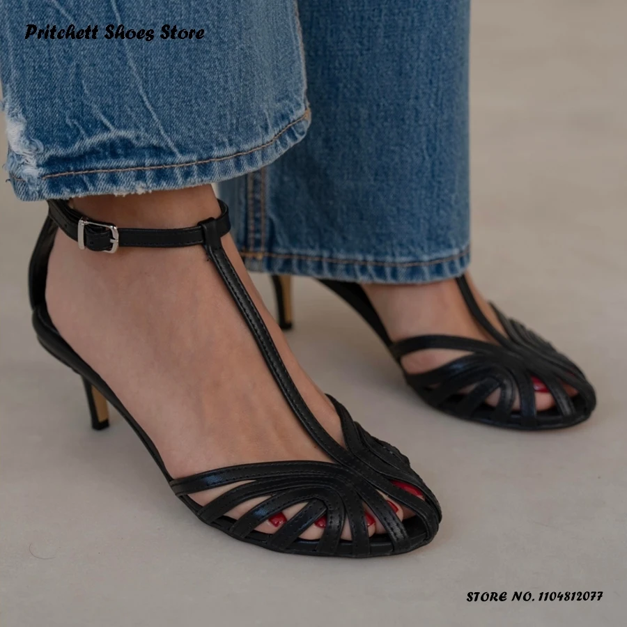 Women's Metallic T-strap Mid Heel Sandals Elegant Round Caged-toe Thin Heels Shoes Spring Summer Buckle Strap Office Footwear