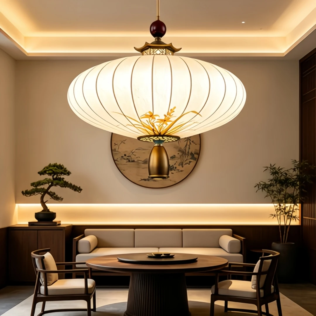 Oriental Retro Lantern Shape Chandelier, Elegant Fabric Shade Hanging Light For Restaurant Bedroom Foyer Interior Decoration