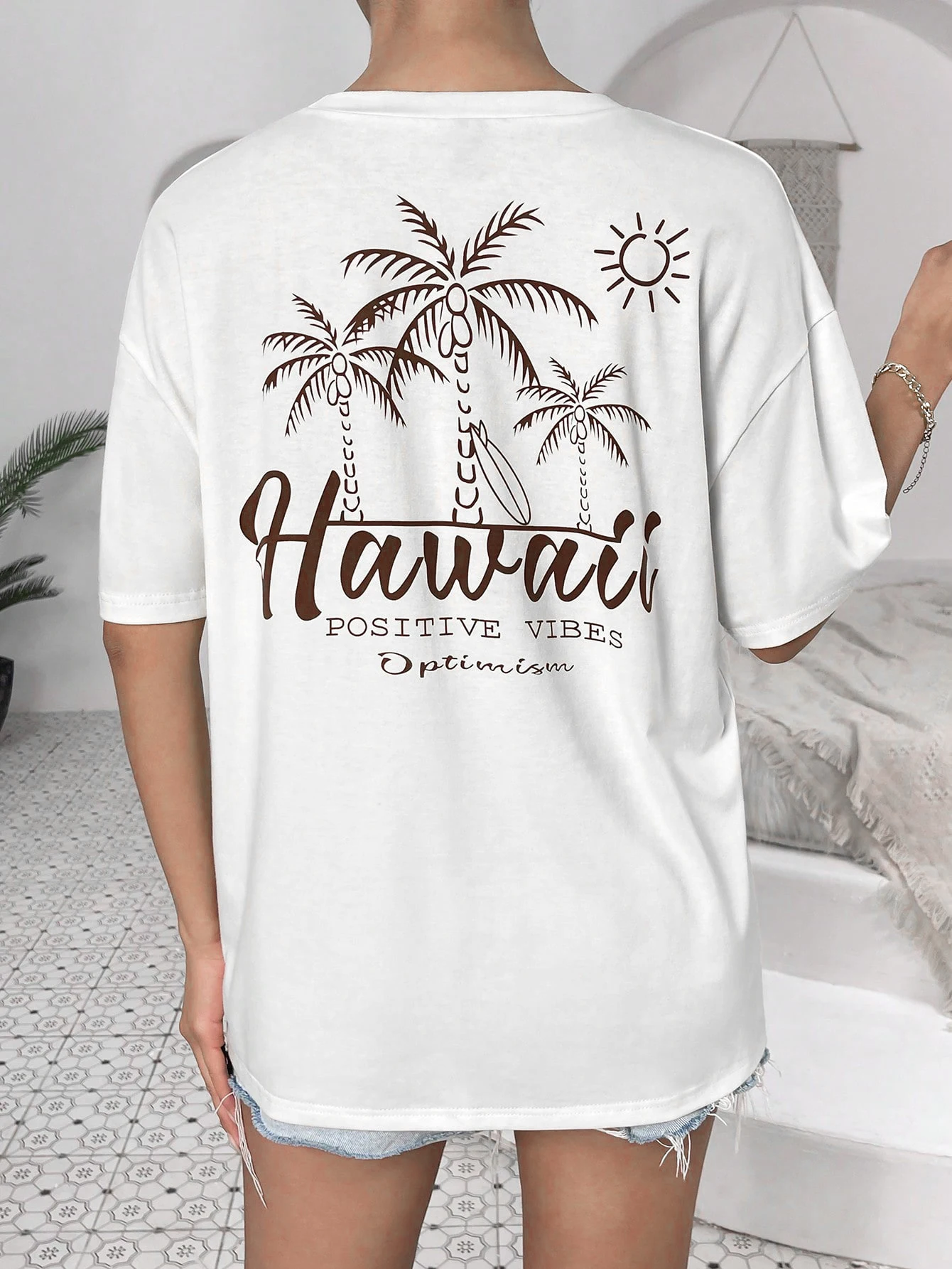 Hawaii Postive Vibes Optimism Letter Graphic T-Shirts Female Casual Cotton Tops Fashion Cool Tee Street Summer Short Sleeves