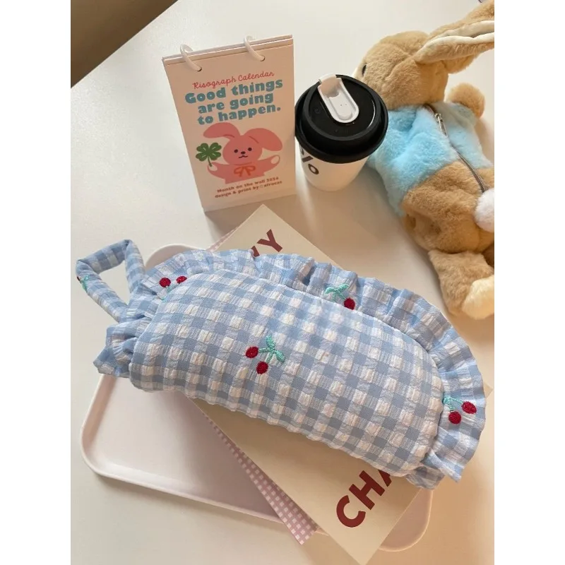 Cute Dumpling Lace Embroidered Checkered Pencil Case Cartoon Cherry Embroidery Large Capacity Pencil Case Korean Stationery Gift