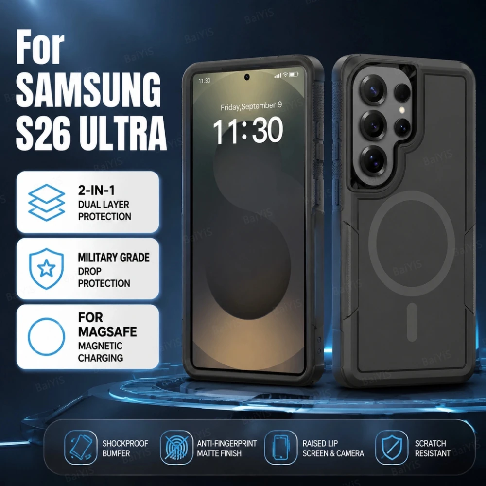 Premium Black Shockproof Armor Case For Samsung S26 Ultra S25 S24 Plus FE A17 A16 A06 Magnetic TPU+PC Hybrid 2 in 1 Back Cover